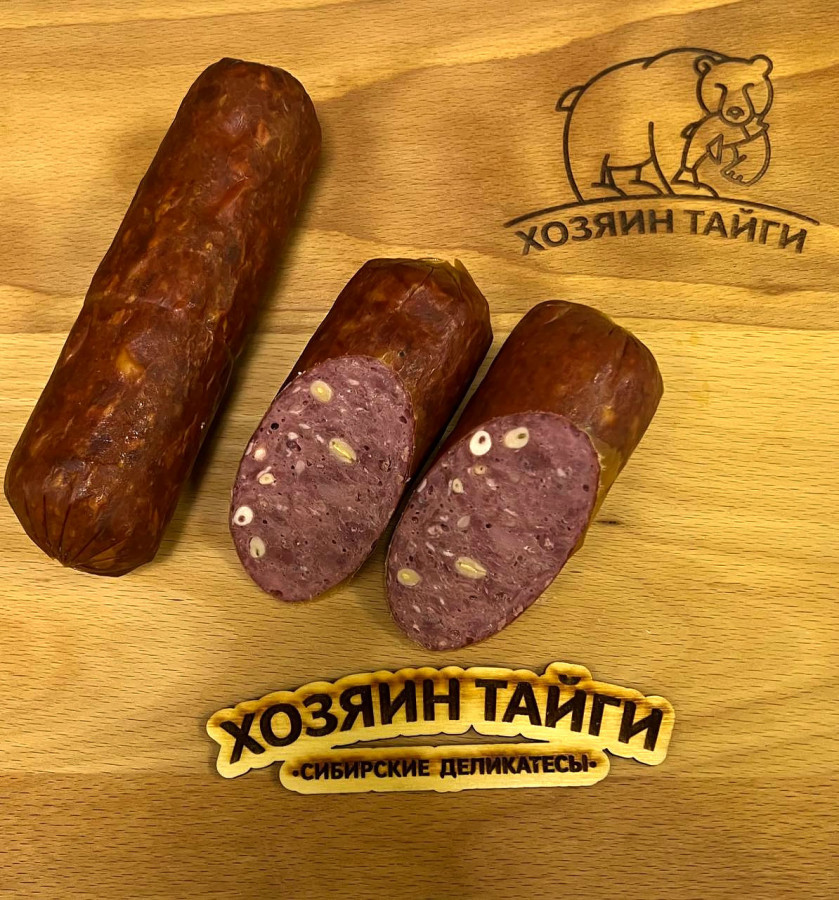 Сервелат из оленины с кедровым орехом варёно-копченый в/у